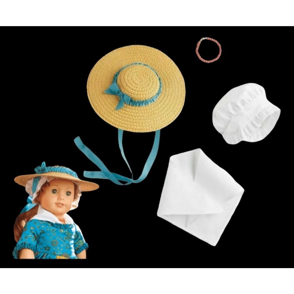 American Girl Felicity Meet Accessories Doll Straw Hat Necklace Fichu Bonnet New - Picture 2 of 9